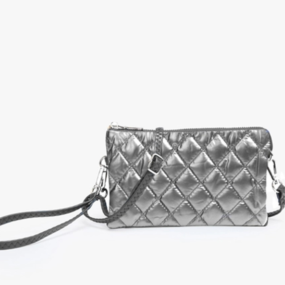 Nylon Puffer Quilt 3 Compartment Convertible Crossbody Wristlet Clutch Graphite